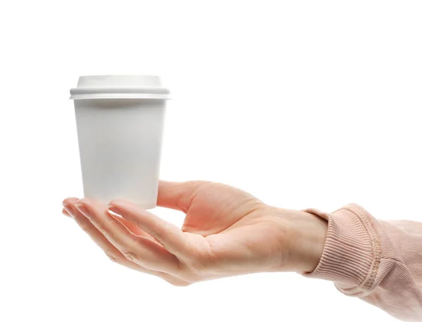 Vrouw Met Afhaalmaaltijden Papier Coffee Cup Witte Achtergrond Ruimte Voor — Stockfoto