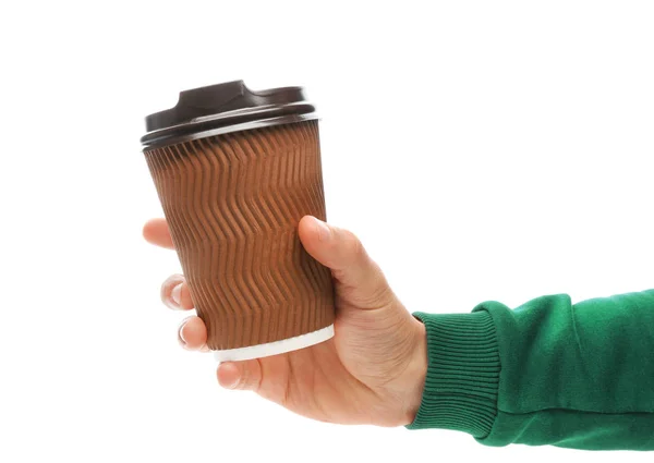 Homem Segurando Taça Café Papel Takeaway Fundo Branco — Fotografia de Stock