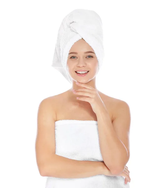 Portrait Young Pretty Woman Towels White Background — Stock Photo, Image