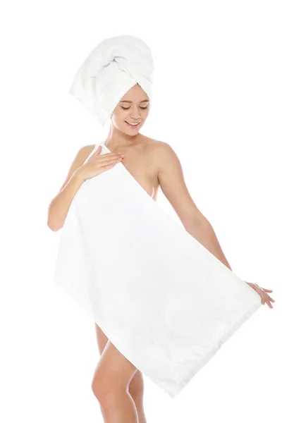 Ritratto Giovane Bella Donna Con Asciugamani Sfondo Bianco — Foto Stock