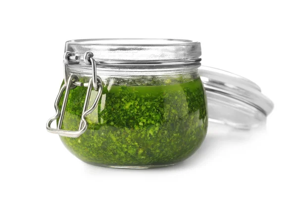 Homemade Basil Pesto Sauce Glass Jar White Background — Stock Photo, Image