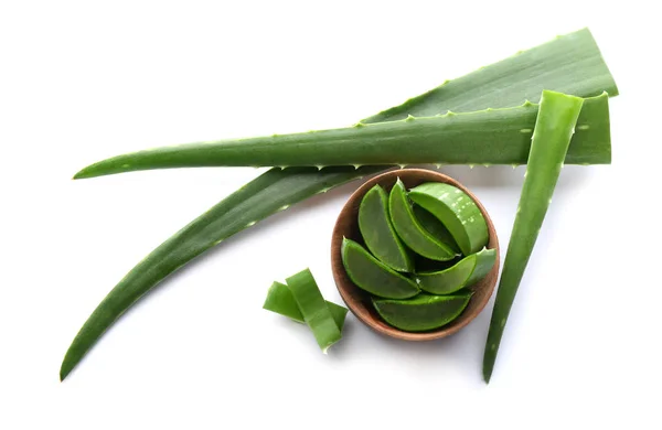 Bowl Pieces Aloe Vera Green Leaves White Background Top View — Stock Photo, Image