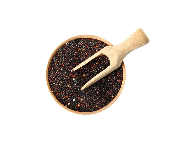 Skål Med Svart Quinoa Och Scoop Vit Bakgrund Ovanifrån — Stockfoto