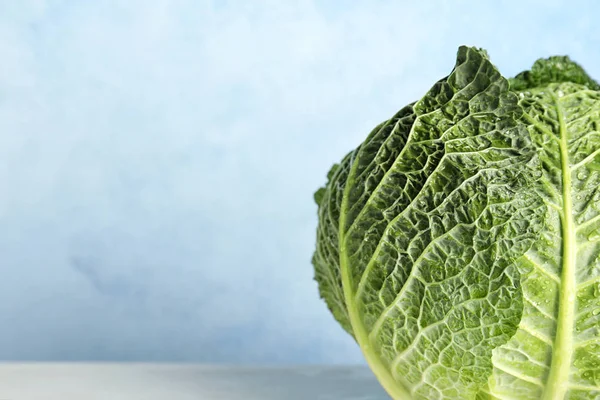 Savoy cabbage on table against color background, closeup. Space for text