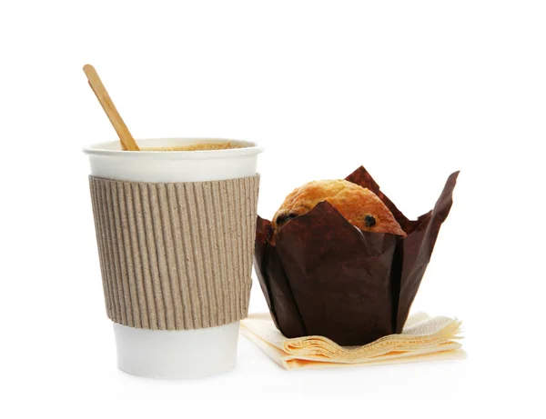 Cardboard Cup Coffee Tasty Muffin White Background — Stock Photo, Image