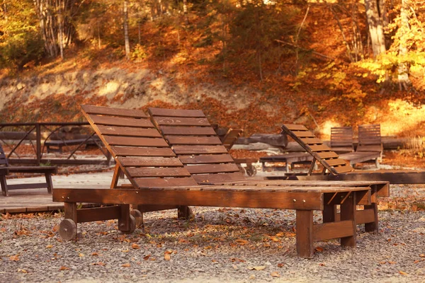 Resort Met Houten Ligbedden Buurt Van Bos Zonnige Herfstdag — Stockfoto