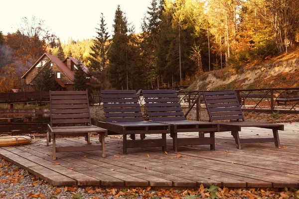 Resort with wooden sunbeds near forest on sunny autumn day