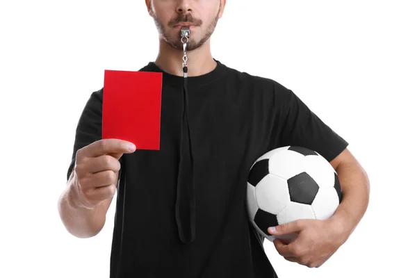 Árbitro Fútbol Con Bola Silbato Con Tarjeta Roja Sobre Fondo — Foto de Stock