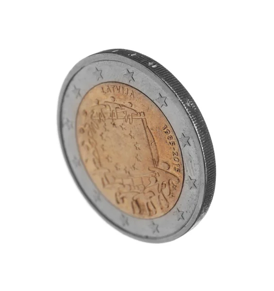 Łotewski Dwa Euro Moneta Białym Tle — Zdjęcie stockowe