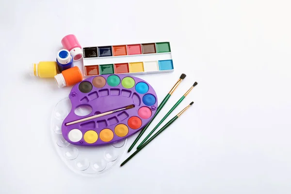 Set Paints Brushes White Background Top View Artistic Equipment Children — Stock Photo, Image