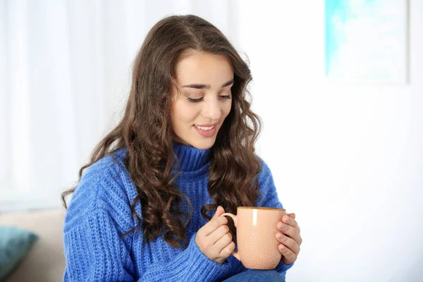 Young Beautiful Woman Warm Sweater Cup Hot Drink Home — Stock Photo, Image