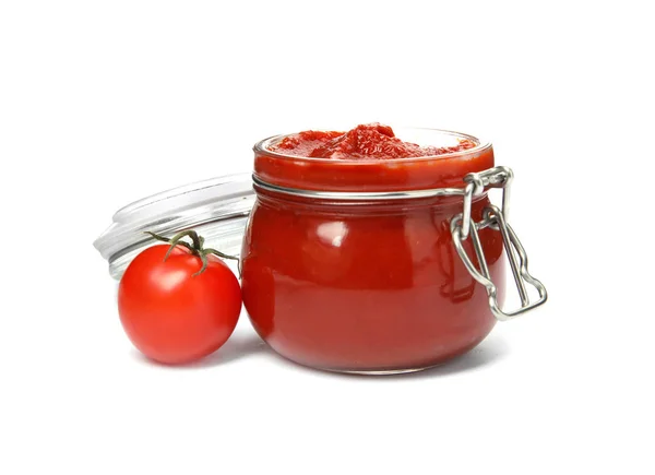 Savoureuse Sauce Tomate Maison Dans Bocal Verre Légumes Frais Sur — Photo