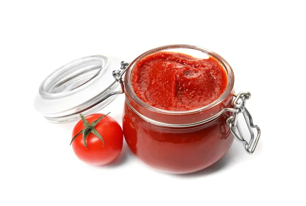 Tasty Homemade Tomato Sauce Glass Jar Fresh Vegetable White Background — Stock Photo, Image