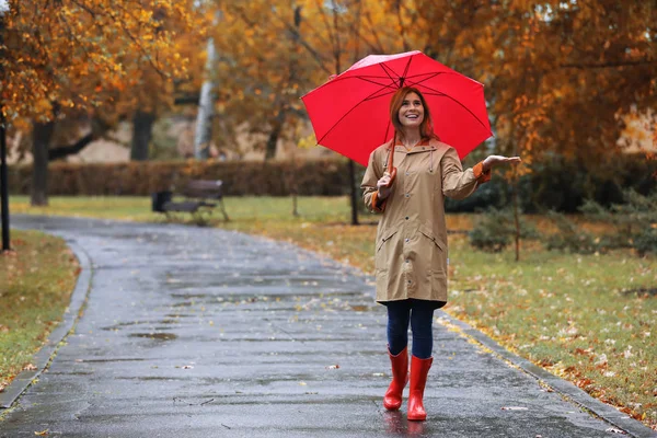 Frau Mit Regenschirm Spaziert Regentag Herbstpark — Stockfoto