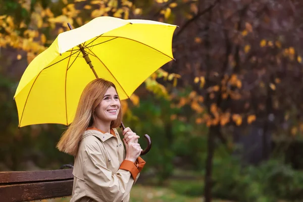 공원에서 벤치에 우산을 비오는 — 스톡 사진