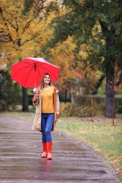 秋の公園で散歩を雨の日に傘を持つ女性 — ストック写真