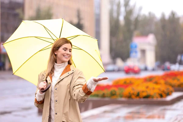 Woman with umbrella in city on autumn rainy day