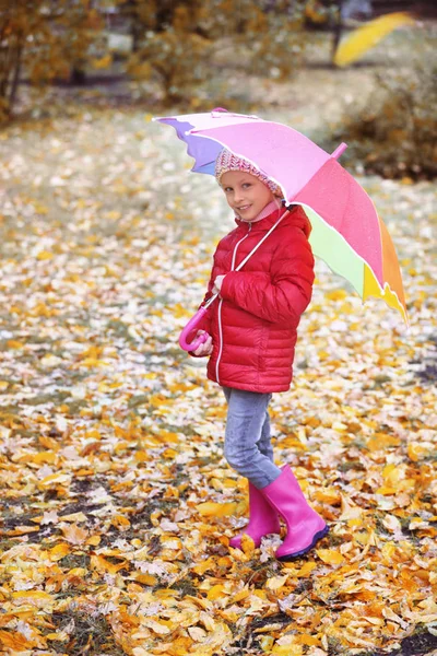 Маленькая Девочка Зонтиком Прогуливается Осеннем Парке Дождливый День — стоковое фото