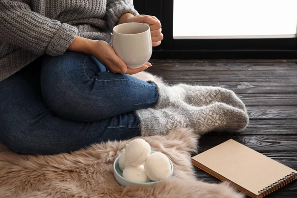 Woman Warm Socks Relaxing Cup Hot Winter Drink Window Cozy — Stock Photo, Image