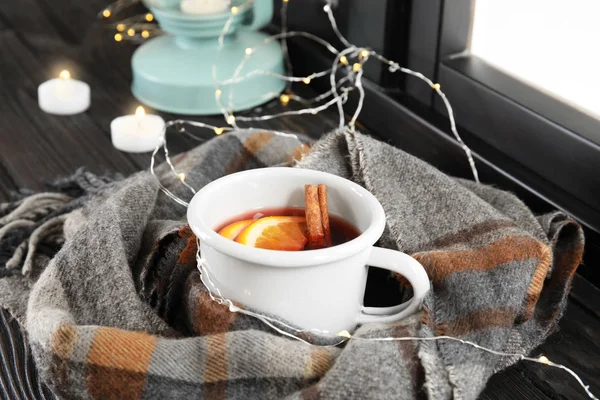 Composition Cup Hot Winter Drink Scarf Christmas Lights Window Cozy — Stock Photo, Image