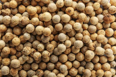 Beyaz karabiber arka plan, üstten görünüm olarak. Aromatik baharat