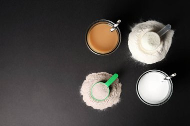 Protein karışımlarından, toz ve siyah arka plan üzerine metin için yer düz yatıyordu kompozisyonu