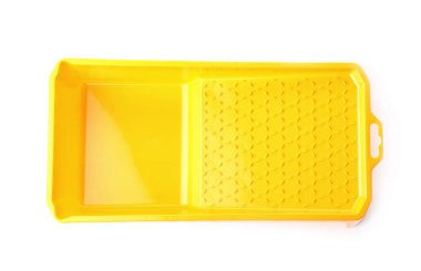 Boş plastik boya tepsi beyaz arka planda, üstten görünüm