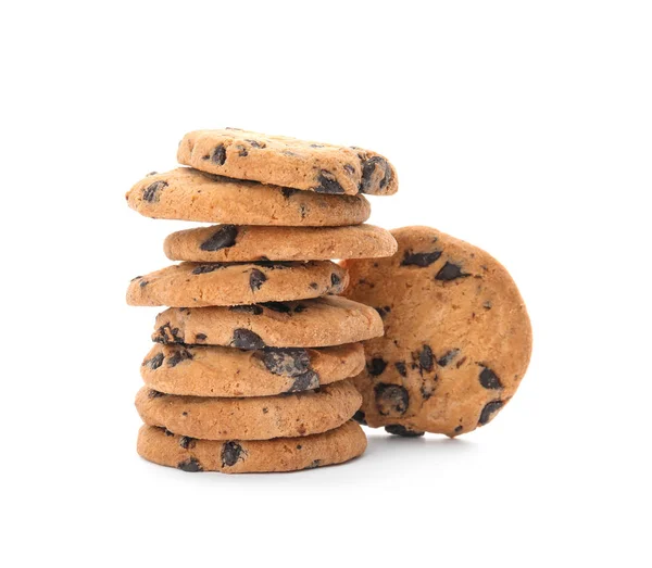 Stapel Lekkere Chocolade Chip Cookies Witte Achtergrond — Stockfoto