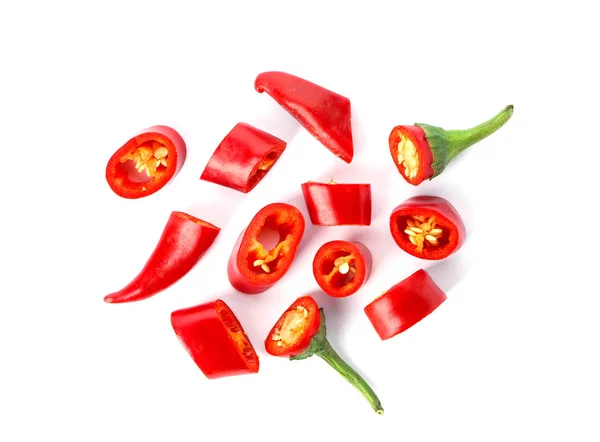 Slices Red Chili Peppers White Background Top View — Stock Photo, Image