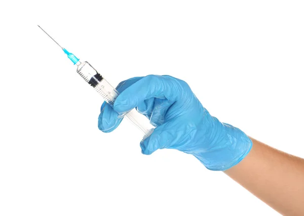 Arzt Medizinischem Handschuh Mit Spritze Auf Weißem Hintergrund — Stockfoto