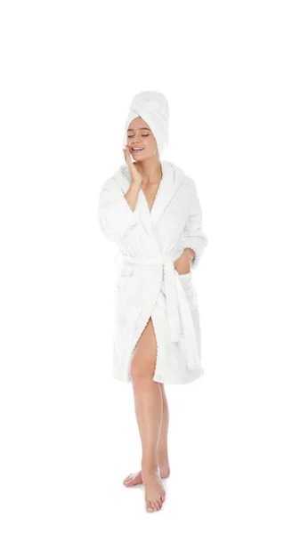 Full Length Portrait Young Pretty Woman Bathrobe Towel White Background — Stock Photo, Image