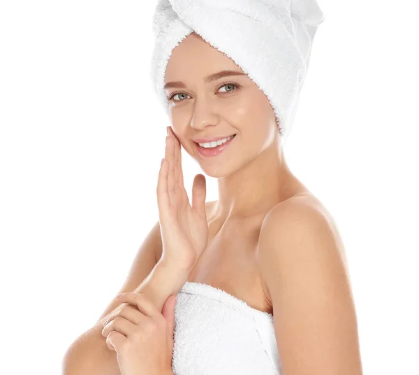 Portrait Young Pretty Woman Towels White Background — Stock Photo, Image