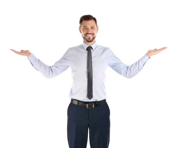 Retrato Del Hombre Negocios Mostrando Gesto Equilibrio Sobre Fondo Blanco —  Fotos de Stock