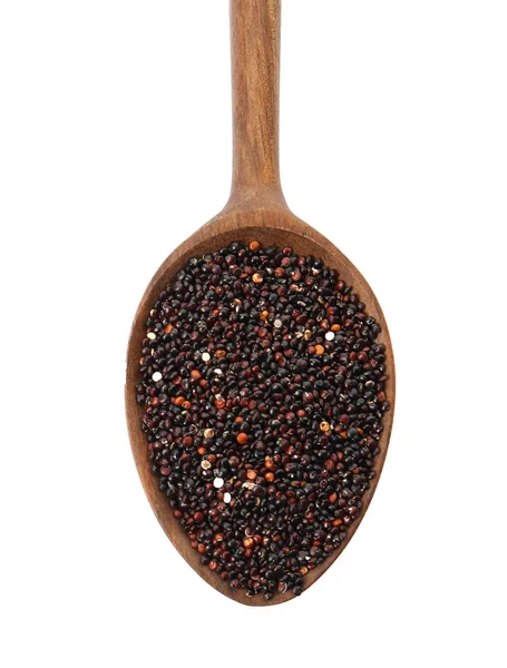 Löffel Mit Schwarzem Quinoa Auf Weißem Hintergrund Ansicht Von Oben — Stockfoto