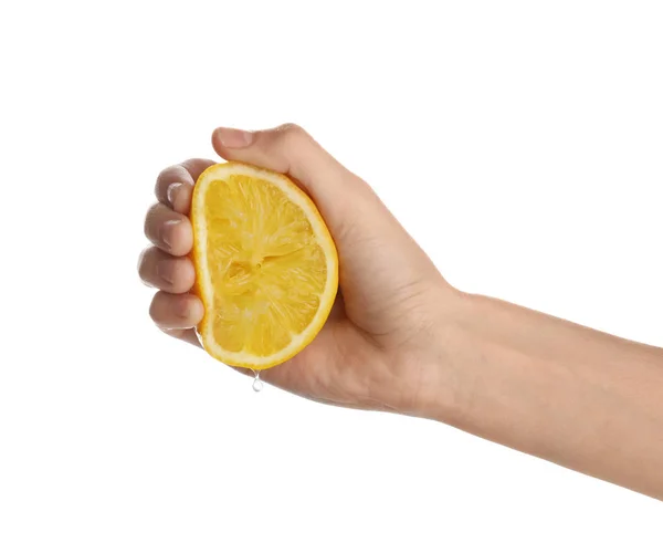 Woman Squeezing Fresh Lemon Juice Isolated White Closeup — Stock Photo, Image