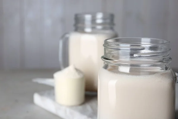 Mason Jar Protein Shake Table Closeup Space Text — Stock Photo, Image