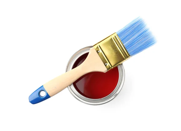 Farbdose Mit Pinsel Auf Weißem Hintergrund Ansicht Von Oben — Stockfoto