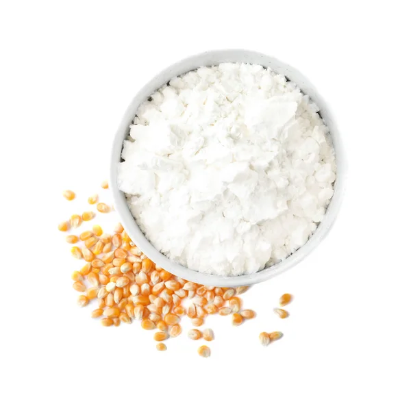 Bowl Corn Starch Kernels White Background Top View — Stock Photo, Image