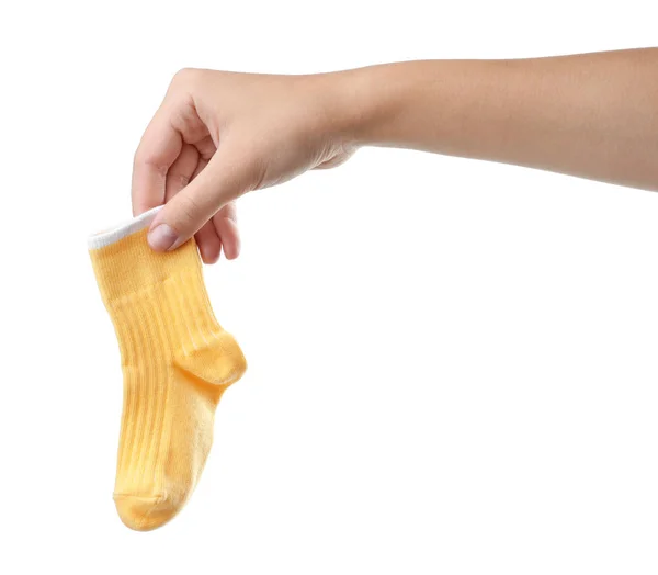 Žena Držící Roztomilé Dítě Ponožku Bílém Pozadí Closeup — Stock fotografie