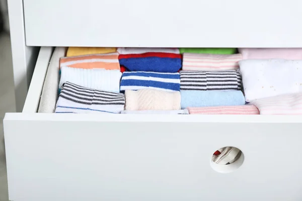 Wardrobe Drawer Many Child Socks Closeup — Stock Photo, Image