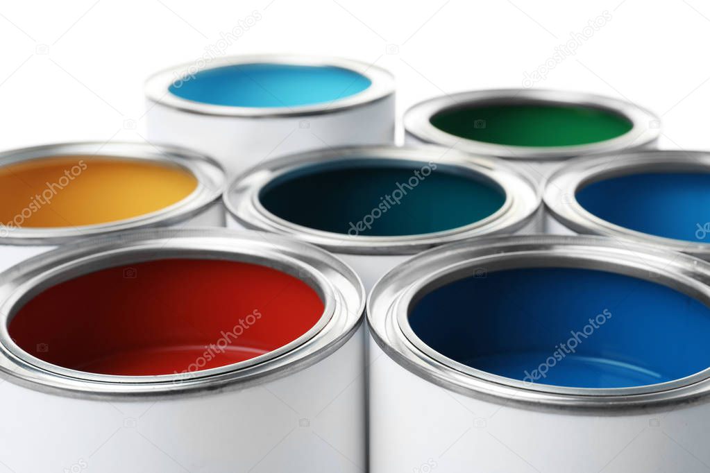 Open paint cans, closeup view. Professional material