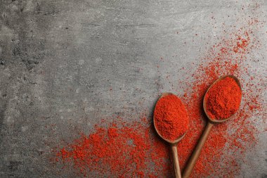 Kaşık ve gri arka plan, metin için yer ile üstten görünüm üzerinde toz biber