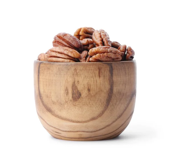 Ripe Shelled Pecan Nuts Bowl White Background — Stock Photo, Image