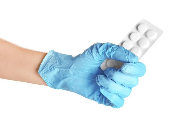 Doctor Medical Glove Holding Pills White Background — Stock Photo, Image