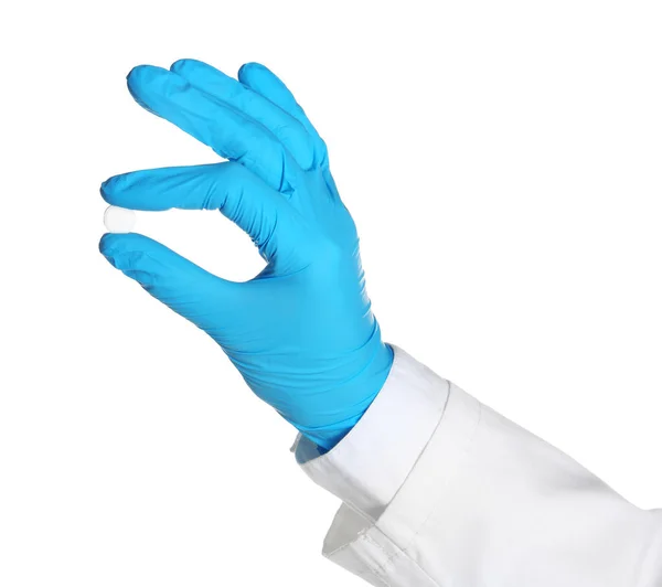 Doctor Medische Handschoen Pil Houden Witte Achtergrond — Stockfoto