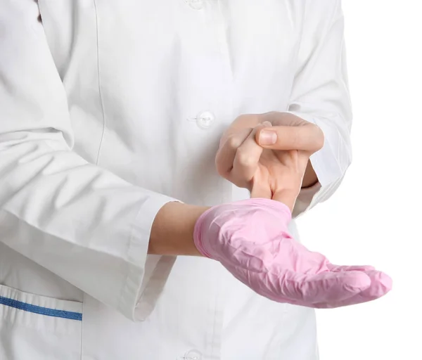 Dokter Opstijgen Medische Handschoen Witte Achtergrond — Stockfoto