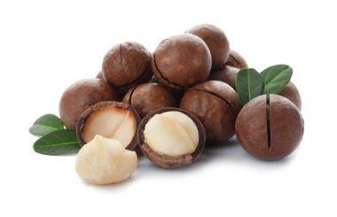 Beyaz arka plan üzerinde organik Macadamia fıstığı yığını