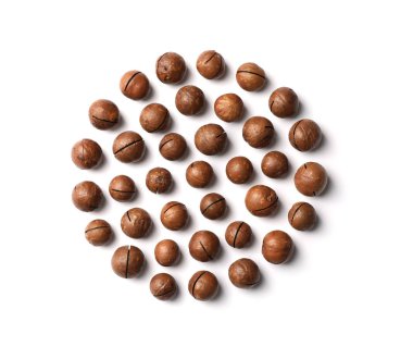 Beyaz arka planda, üstten görünüm organik Macadamia fıstığı ile kompozisyon