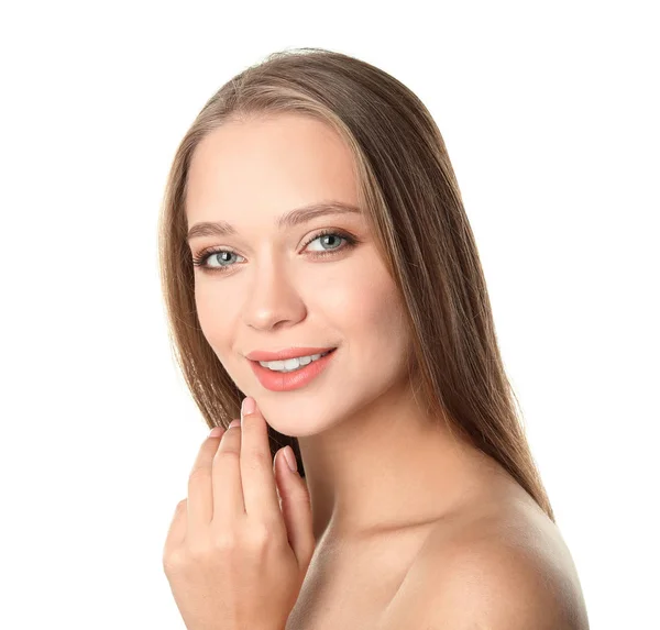 Porträtt Vacker Ung Kvinna Med Naturlig Makeup Vit Bakgrund — Stockfoto