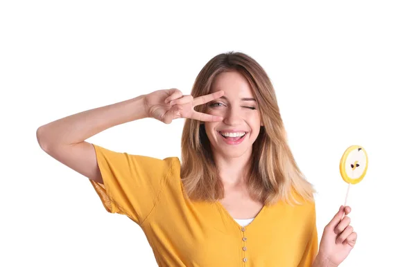 Menina Bonita Nova Com Doces Fundo Branco — Fotografia de Stock